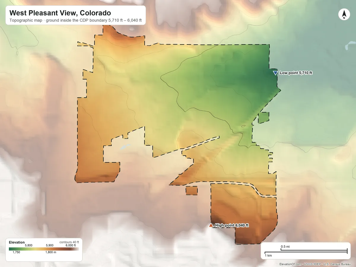Topographic elevation map of West Pleasant View, Colorado, shaded from 5,710 ft on the east side to 6,040 ft on the southeast edge, below higher ground just outside