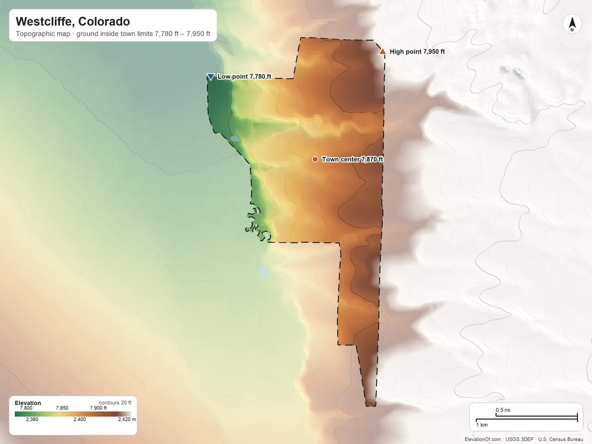 Topographic elevation map of Westcliffe, Colorado, shaded from 7,780 ft on the northwest side to 7,950 ft at the foot of the Rosita Hills