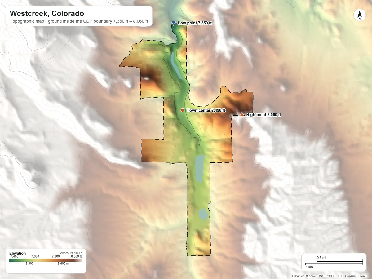 Topographic elevation map of Westcreek, Colorado, shaded from 7,350 ft on the north side to 8,060 ft at the foot of the Rampart Range