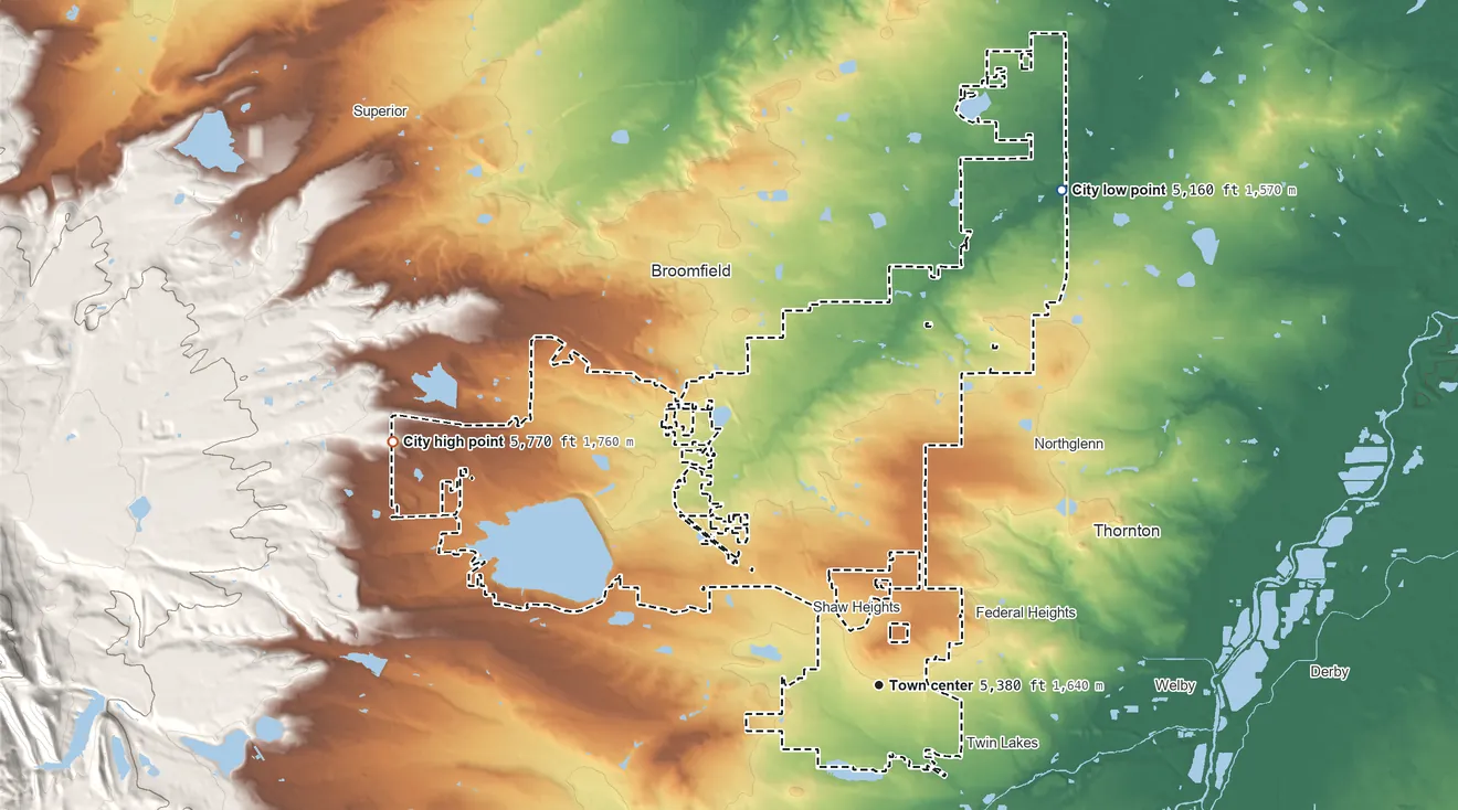Topographic elevation map of Westminster, Colorado, shaded from 5,160 ft on the north side to 5,770 ft on the northwest side