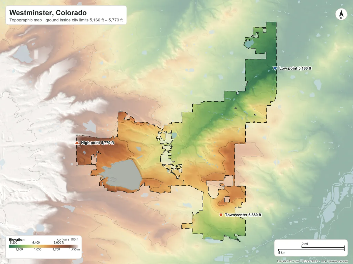 Topographic elevation map of Westminster, Colorado, shaded from 5,160 ft on the north side to 5,770 ft on the northwest side