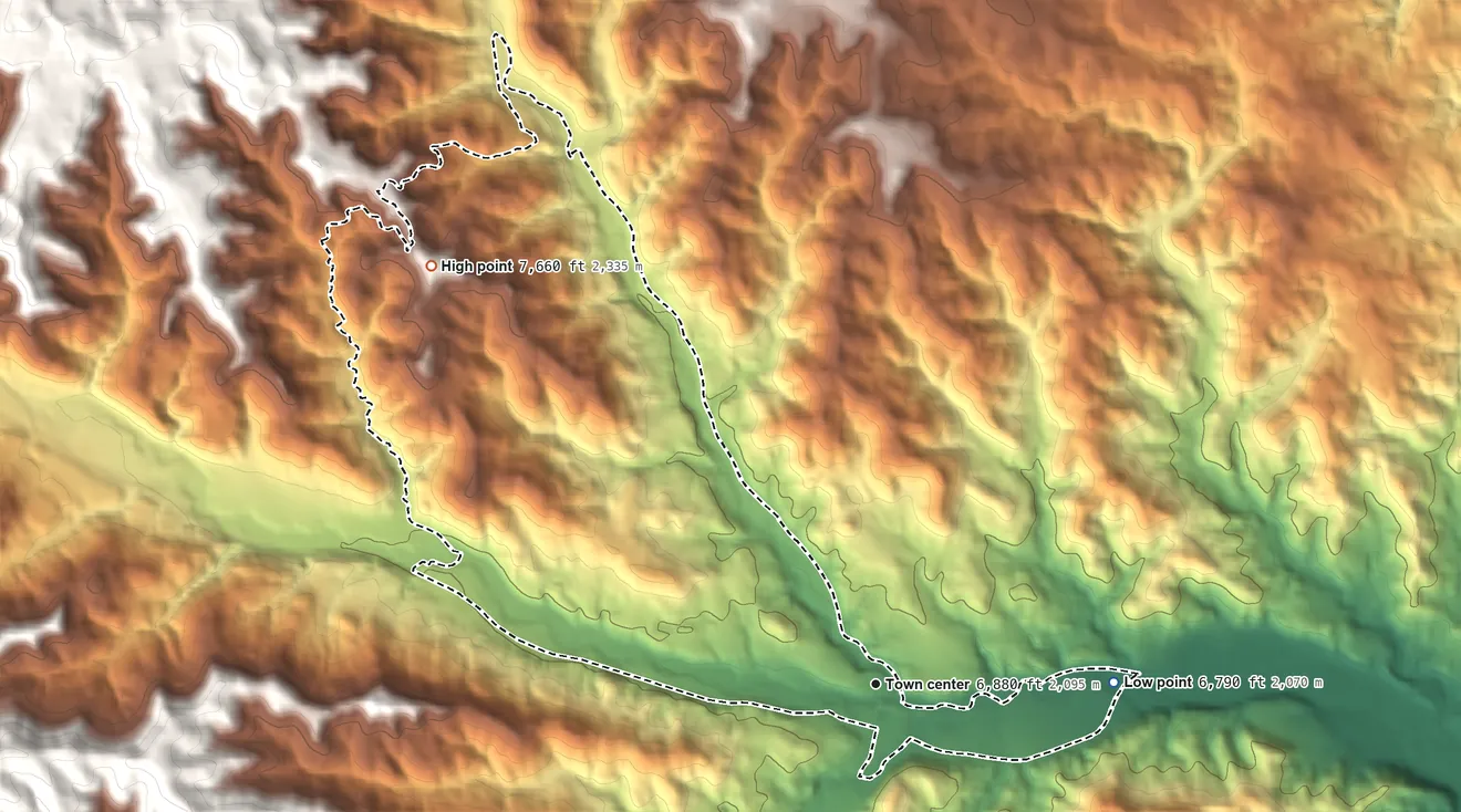 Topographic elevation map of Weston, Colorado, shaded from 6,790 ft on the east side to 7,660 ft on the northwest side