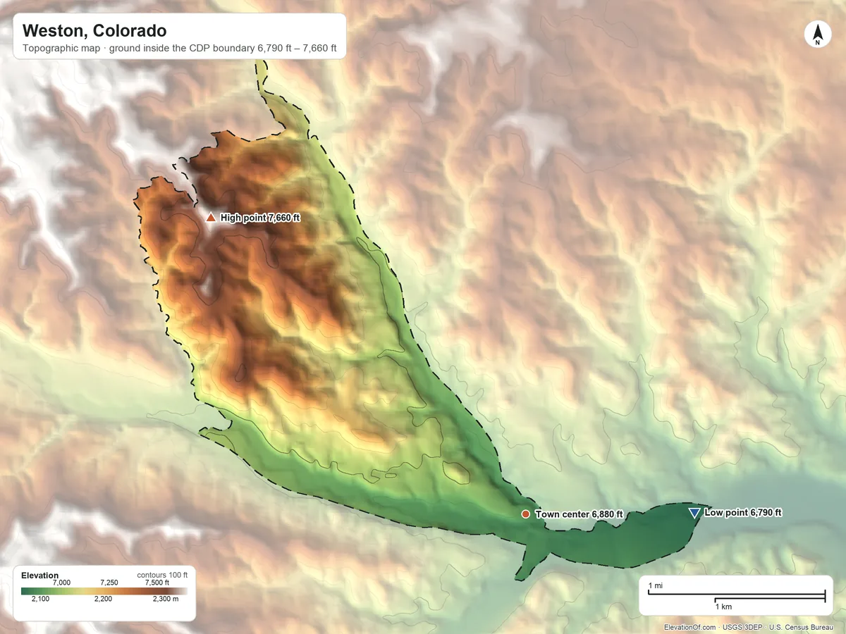 Topographic elevation map of Weston, Colorado, shaded from 6,790 ft on the east side to 7,660 ft on the northwest side