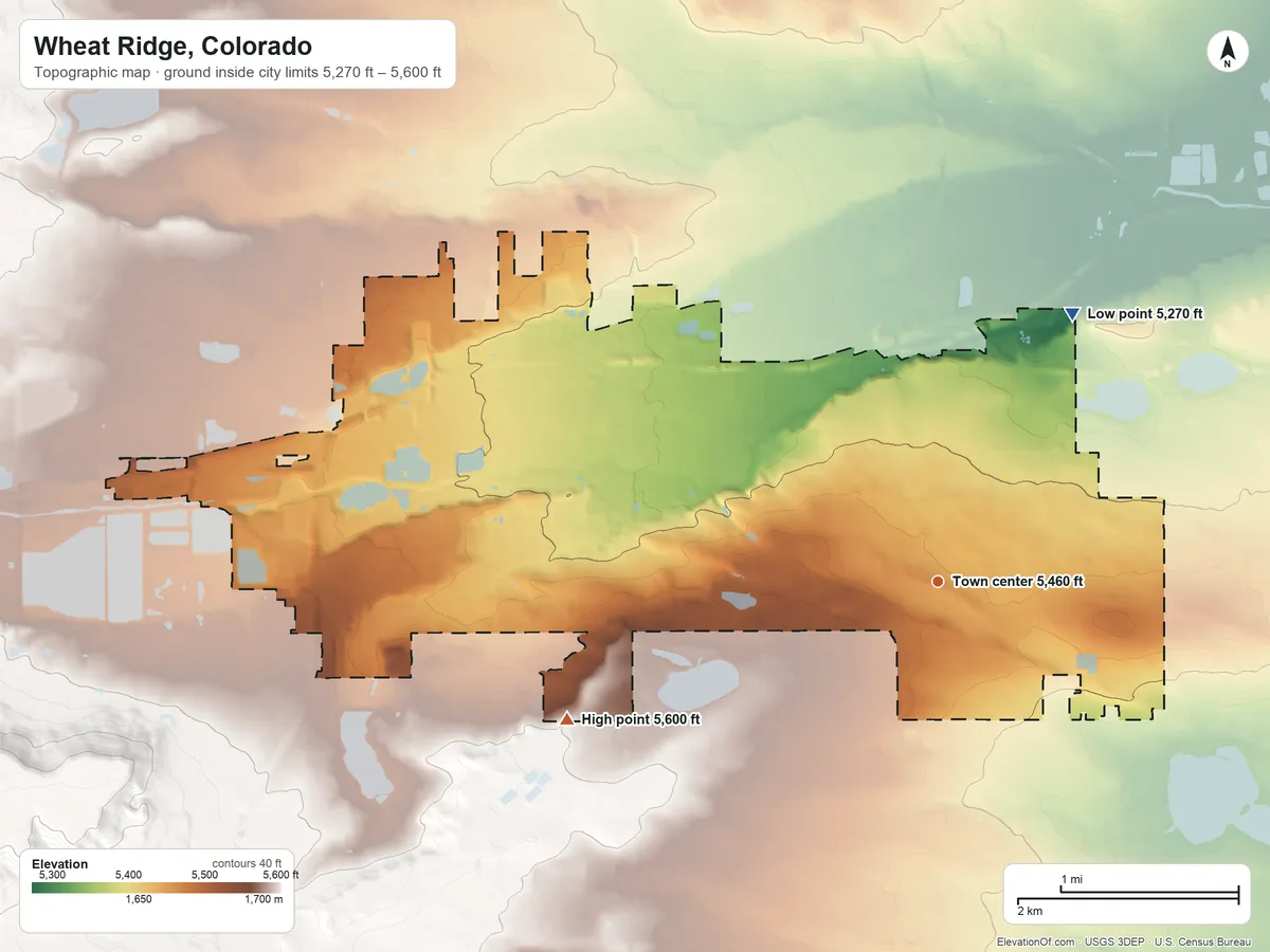 Topographic elevation map of Wheat Ridge, Colorado, shaded from 5,270 ft on the northeast side to 5,600 ft on the west side