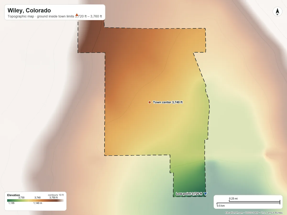 Topographic elevation map of Wiley, Colorado, shaded from 3,720 ft on the southeast side to 3,760 ft on the northwest side