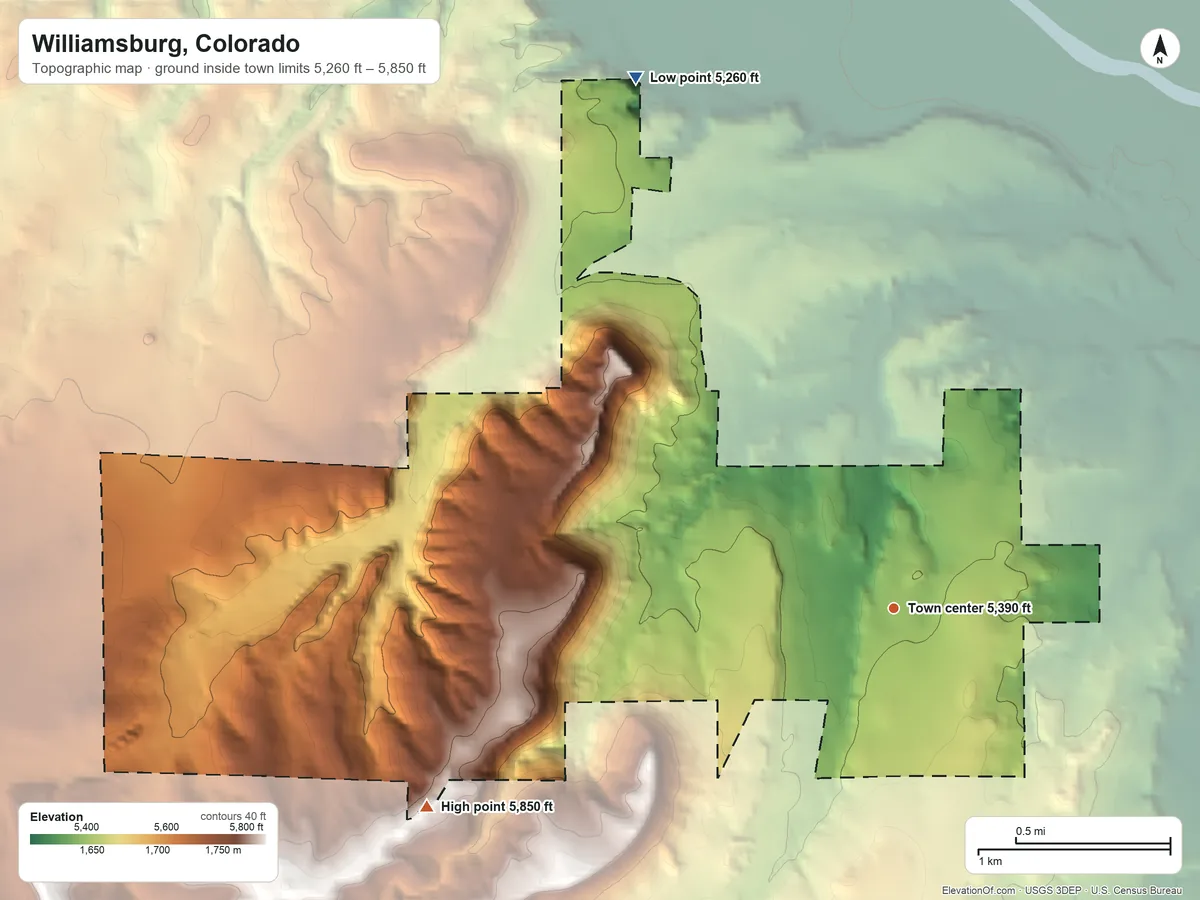 Topographic elevation map of Williamsburg, Colorado, shaded from 5,260 ft on the northwest side to 5,850 ft on the southwest side