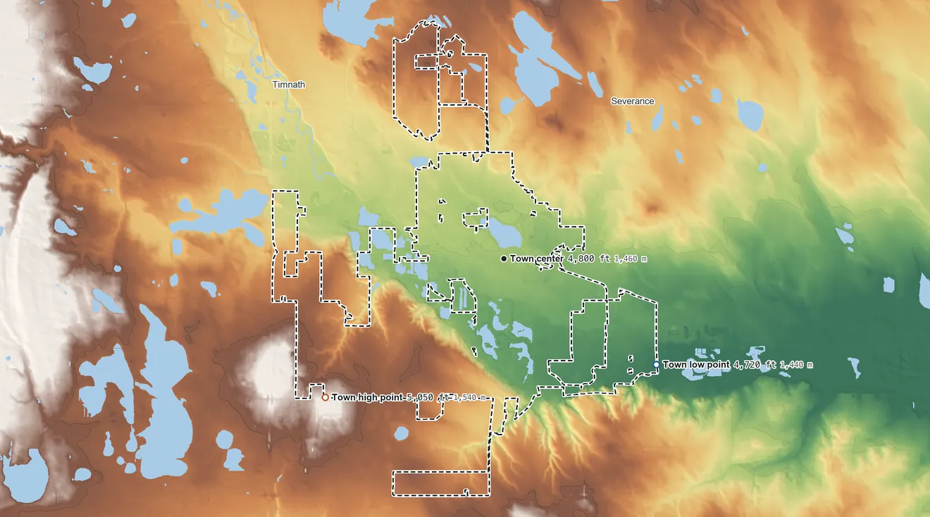 Topographic elevation map of Windsor, Colorado, shaded from 4,720 ft on the southeast side to 5,050 ft on the southwest side
