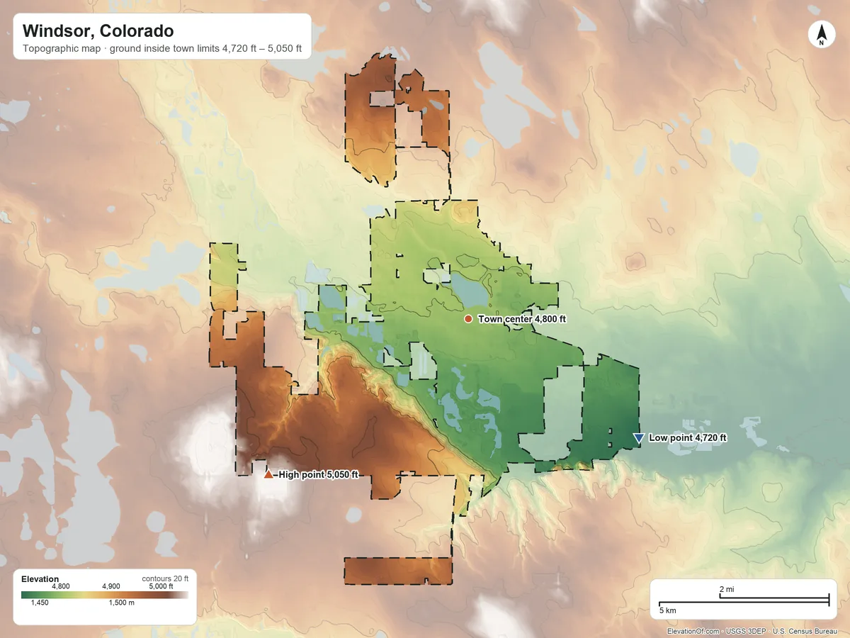 Topographic elevation map of Windsor, Colorado, shaded from 4,720 ft on the southeast side to 5,050 ft on the southwest side