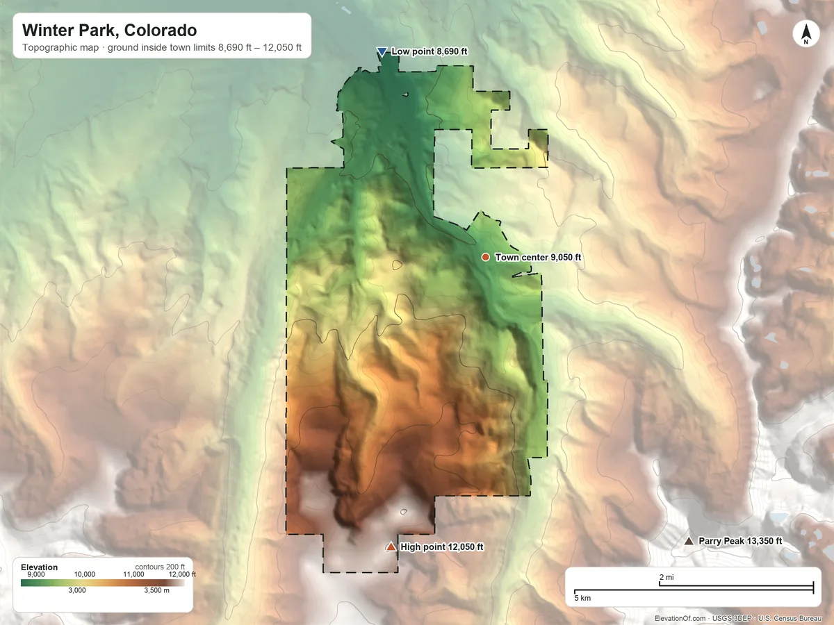 Topographic elevation map of Winter Park, Colorado, shaded from 8,690 ft on the northwest side to 12,050 ft on Twin Cones