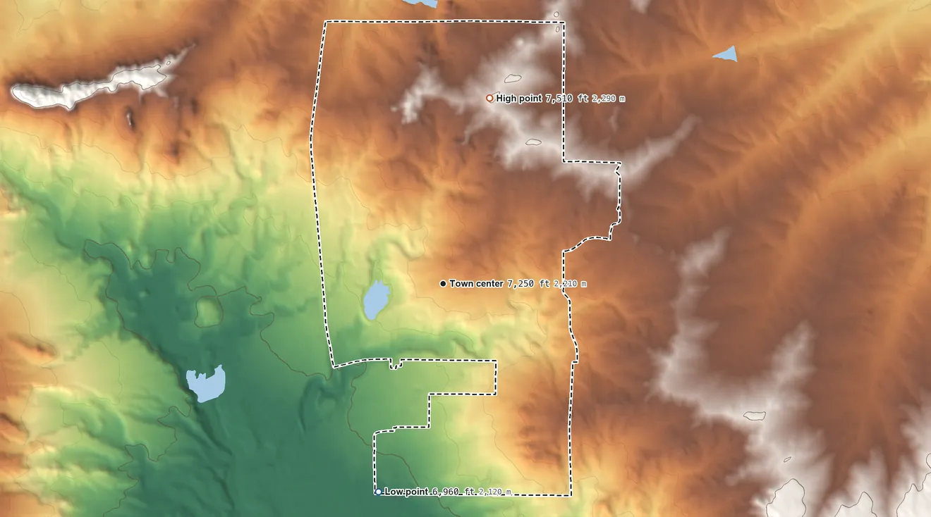 Topographic elevation map of Woodmoor, Colorado, shaded from 6,960 ft on the south side to 7,510 ft on the north edge, below higher ground just outside