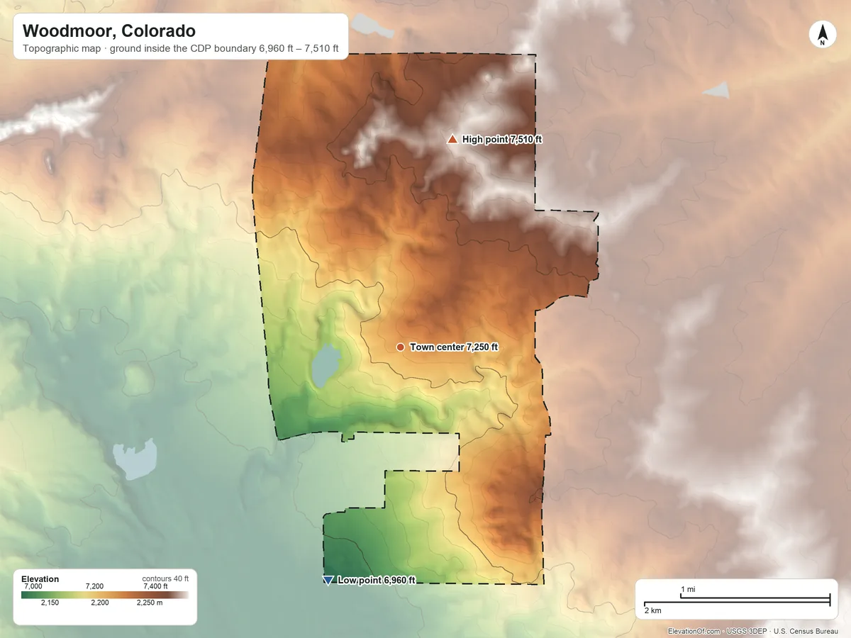 Topographic elevation map of Woodmoor, Colorado, shaded from 6,960 ft on the south side to 7,510 ft on the north edge, below higher ground just outside