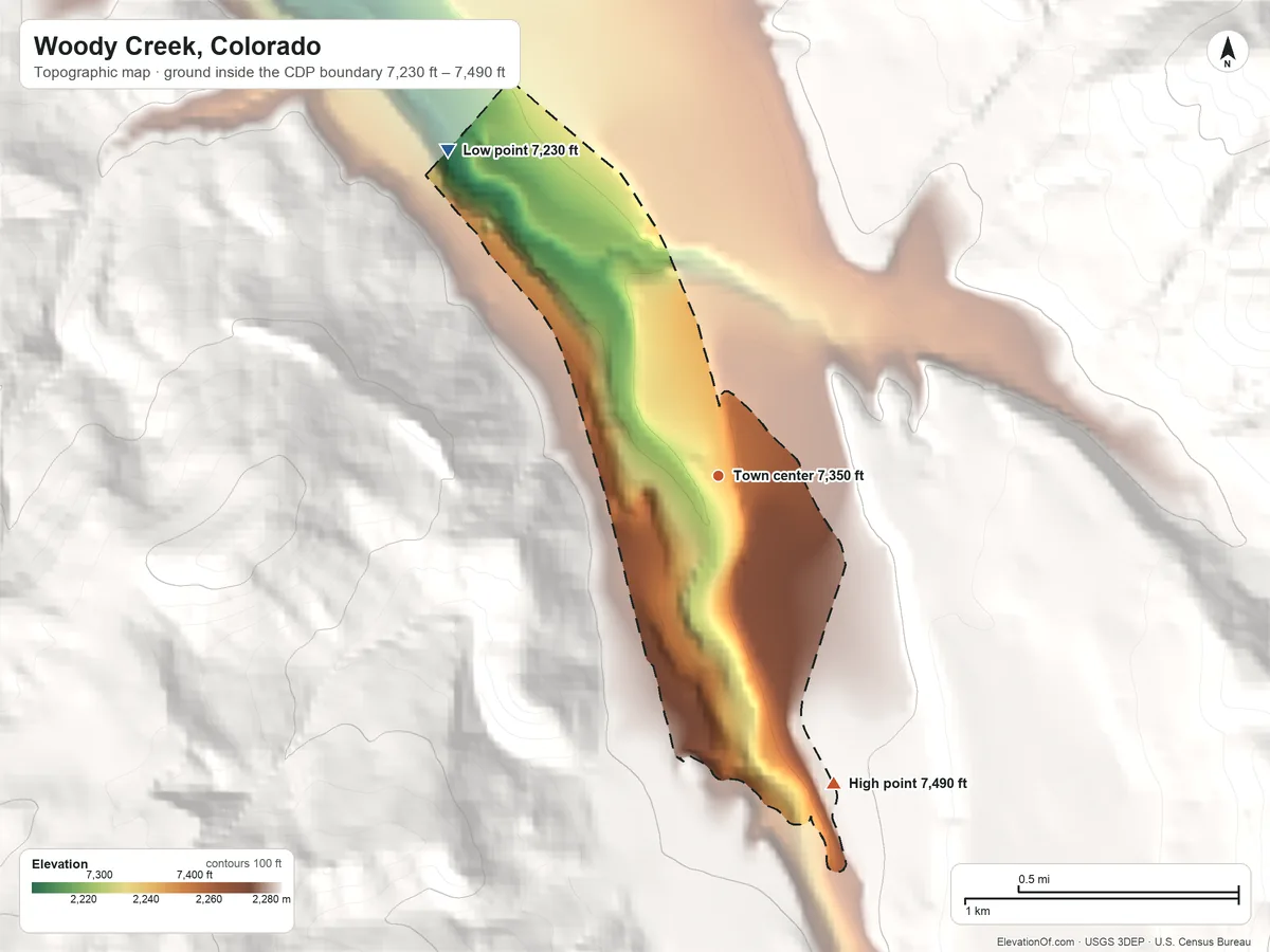 Topographic elevation map of Woody Creek, Colorado, shaded from 7,230 ft on the northwest side to 7,490 ft at the foot of the Elk Mountains