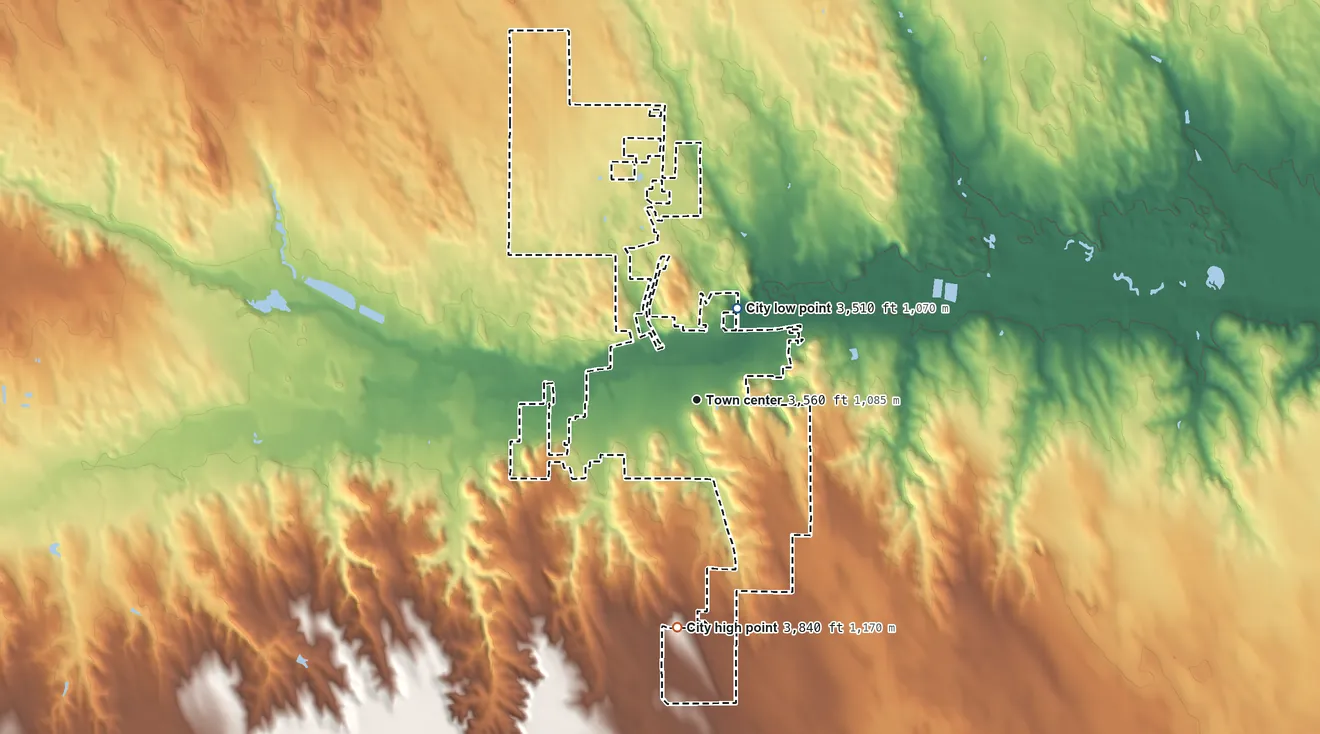 Topographic elevation map of Wray, Colorado, shaded from 3,510 ft on the northeast side to 3,840 ft on the south side