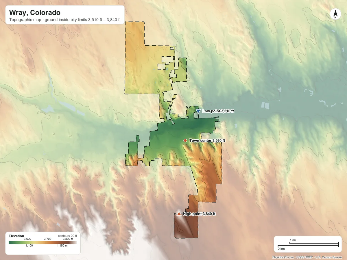 Topographic elevation map of Wray, Colorado, shaded from 3,510 ft on the northeast side to 3,840 ft on the south side