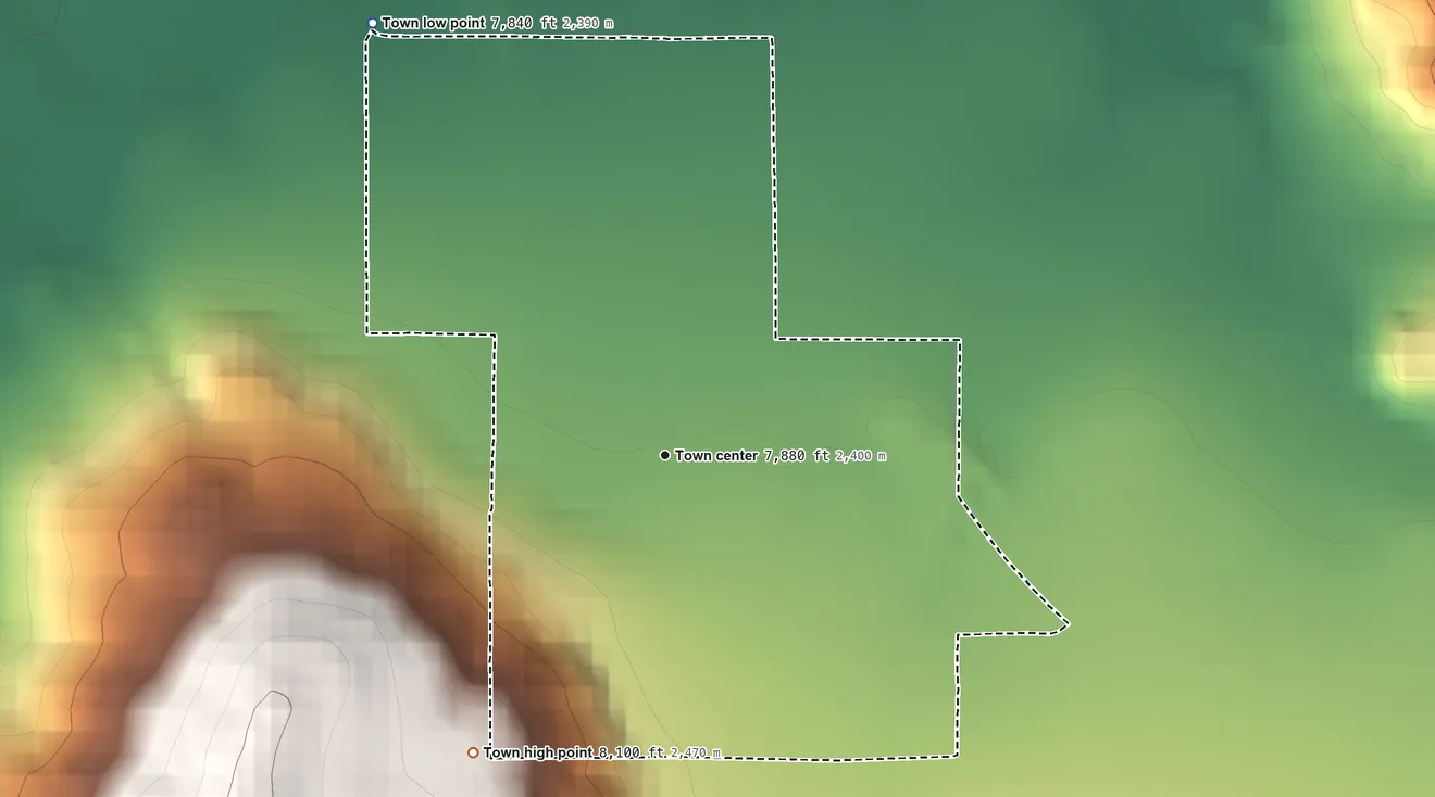 Topographic elevation map of Yampa, Colorado, shaded from 7,840 ft on the northwest side to 8,100 ft on the southwest edge, below higher ground just outside