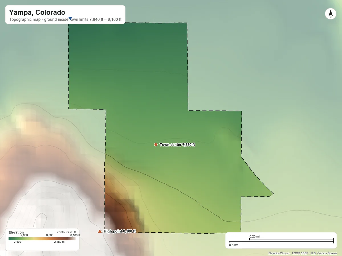 Topographic elevation map of Yampa, Colorado, shaded from 7,840 ft on the northwest side to 8,100 ft on the southwest edge, below higher ground just outside