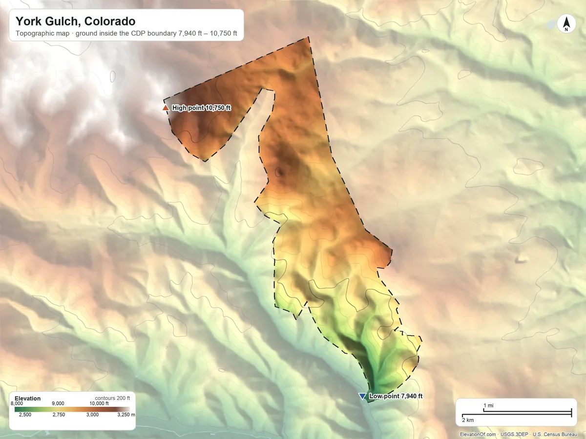 Topographic elevation map of York Gulch, Colorado, shaded from 7,940 ft on the southeast side to 10,750 ft at the foot of the Indian Peaks