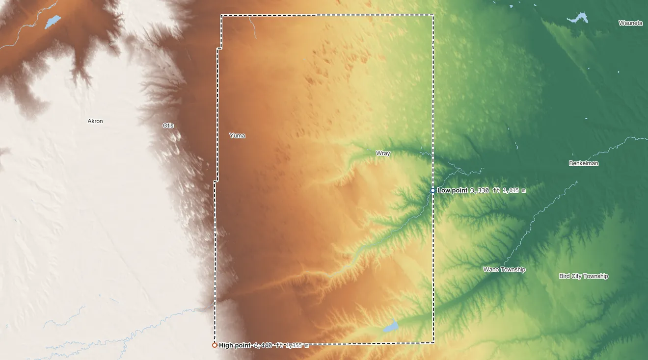 Topographic elevation map of Yuma County, Colorado, shaded from 3,330 ft on the east side to 4,440 ft on the southwest side