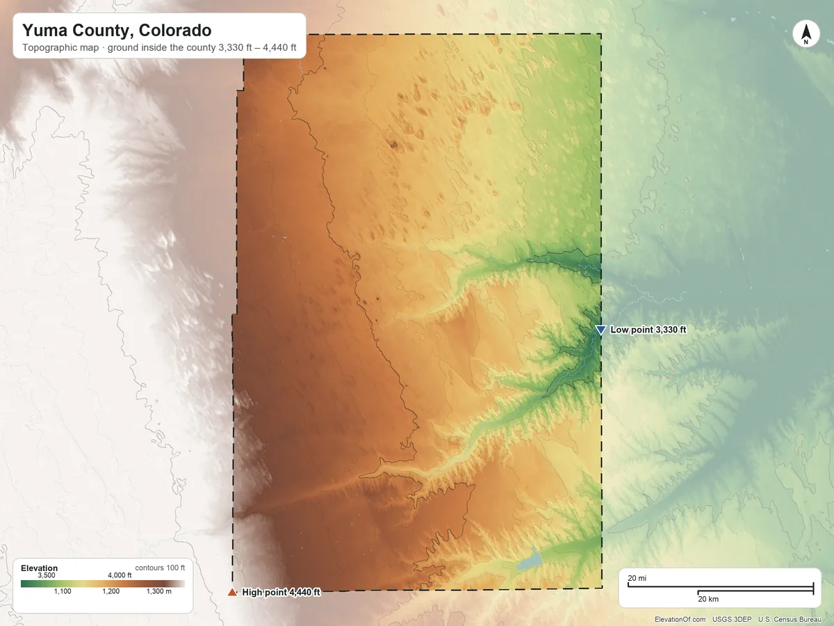 Topographic elevation map of Yuma County, Colorado, shaded from 3,330 ft on the east side to 4,440 ft on the southwest side