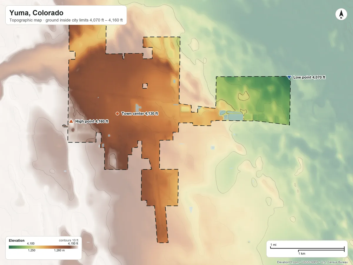 Topographic elevation map of Yuma, Colorado, shaded from 4,070 ft on the east side to 4,160 ft on the west side