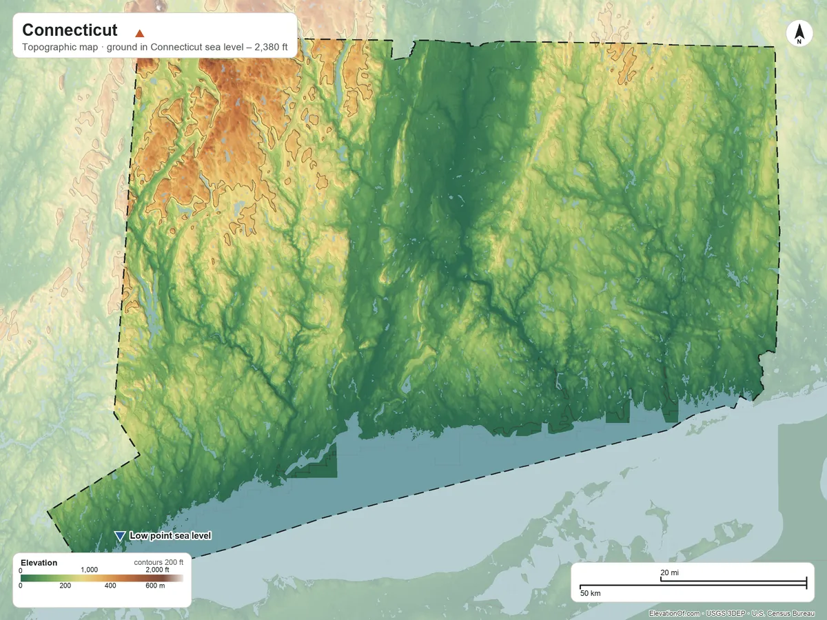 Topographic elevation map of Connecticut, shaded from sea level on East Branch to 2,380 ft on the northwest side
