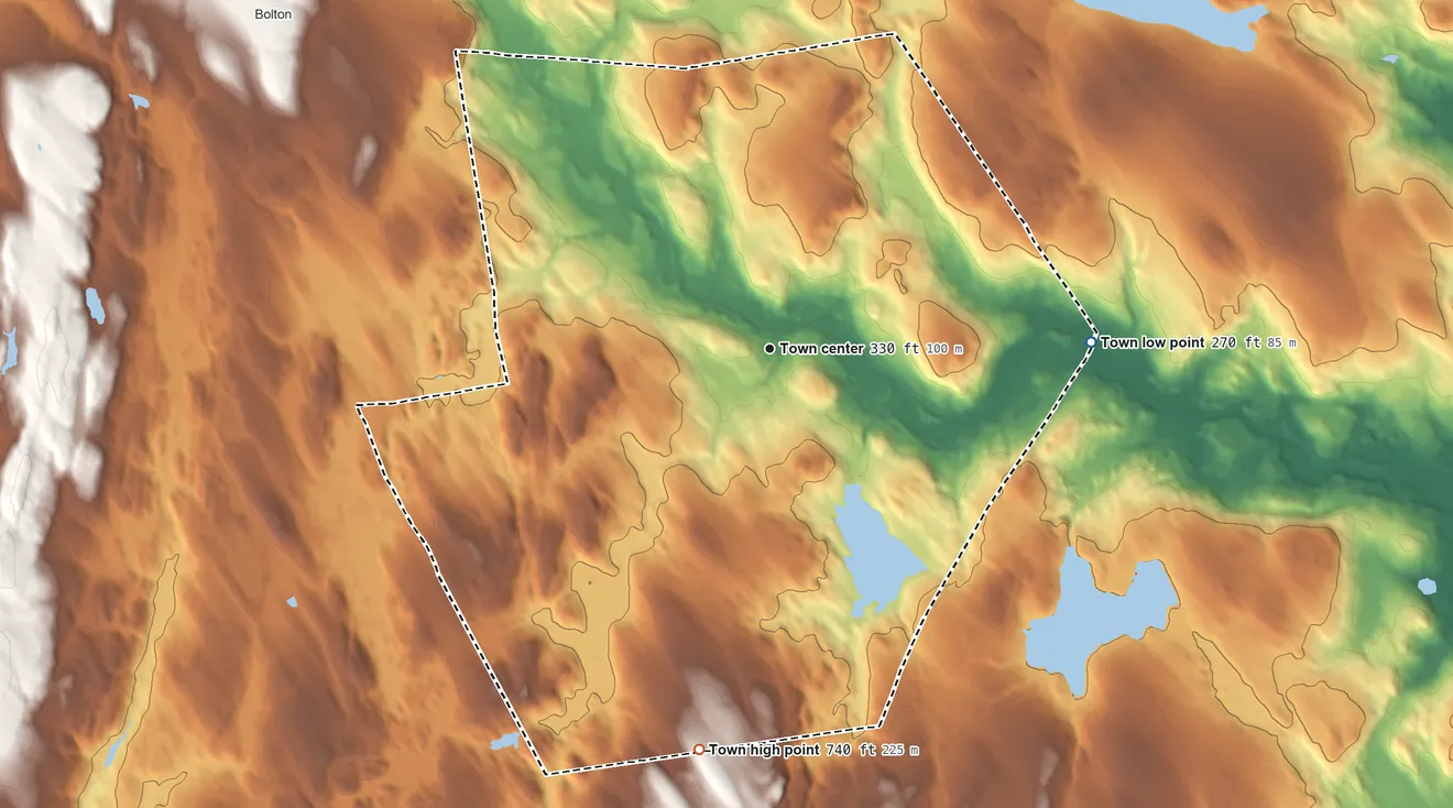 Topographic elevation map of Andover, Connecticut, shaded from 270 ft on the east side to 740 ft on the south side