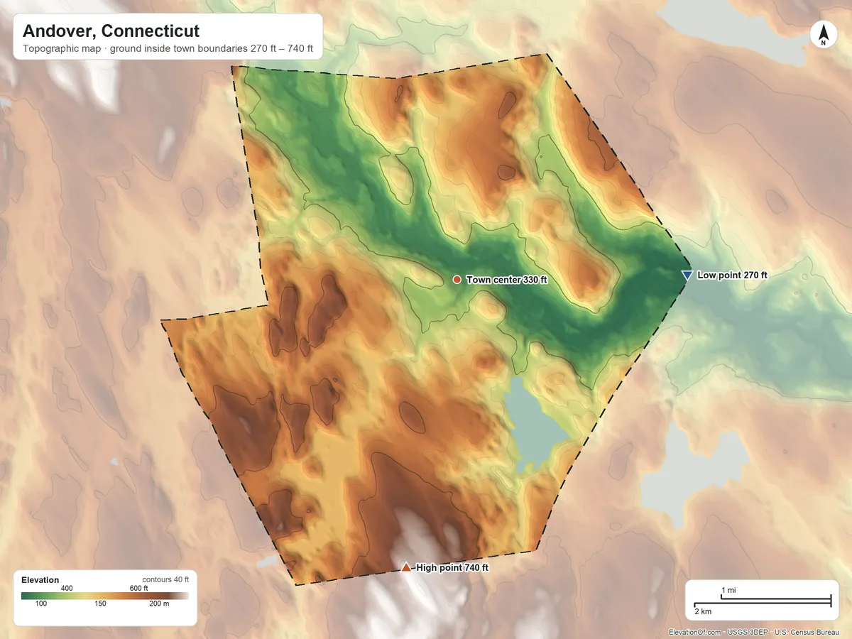 Topographic elevation map of Andover, Connecticut, shaded from 270 ft on the east side to 740 ft on the south side