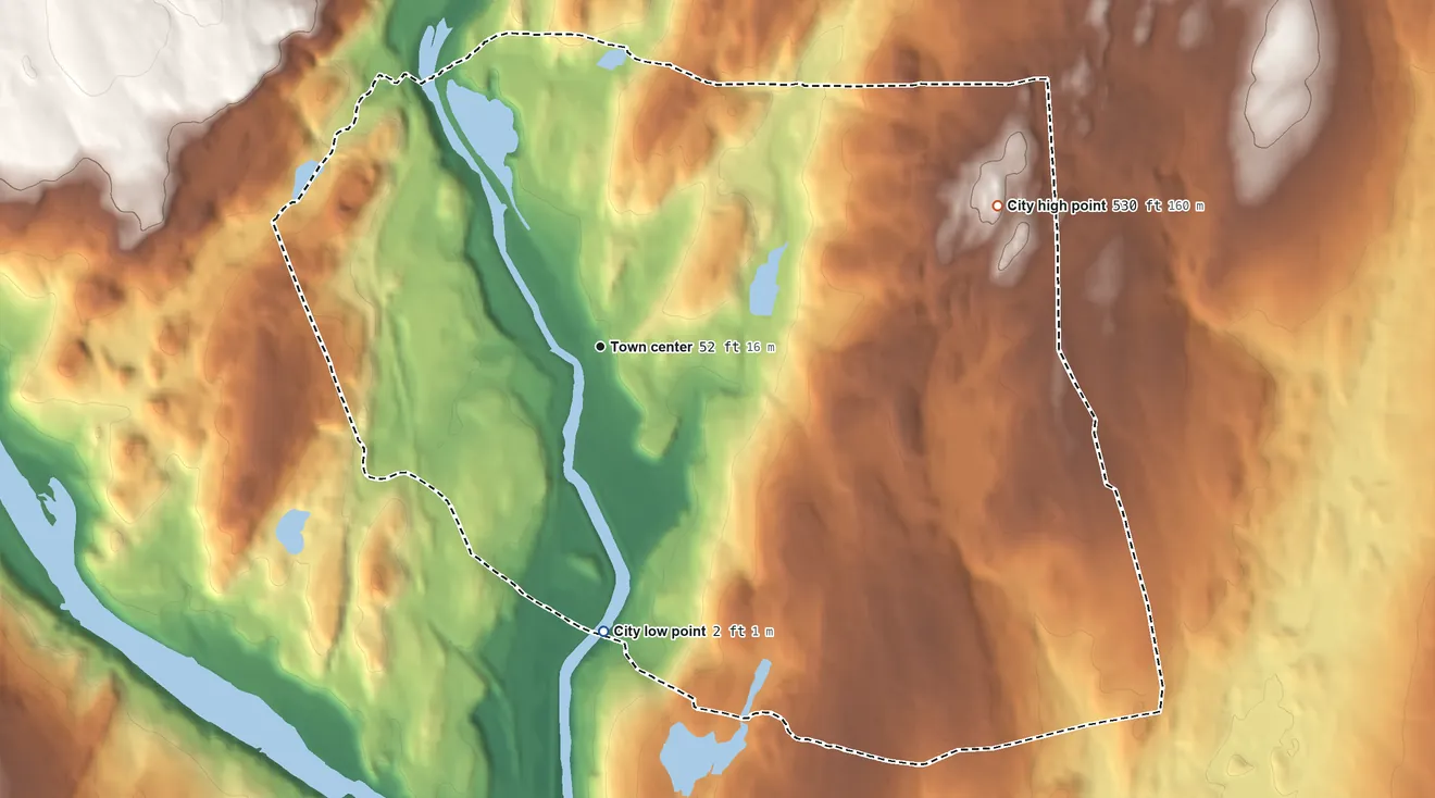 Topographic elevation map of Ansonia, Connecticut, shaded from 2 ft on the south side to 530 ft on the east side