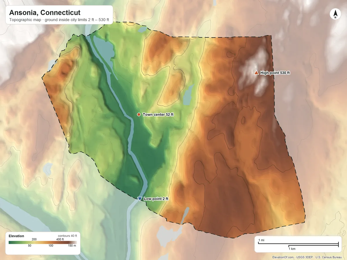 Topographic elevation map of Ansonia, Connecticut, shaded from 2 ft on the south side to 530 ft on the east side