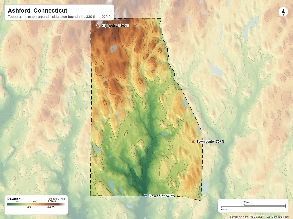Topographic elevation map of Ashford, Connecticut, shaded from 330 ft on the southwest side to 1,200 ft on Snow Hill