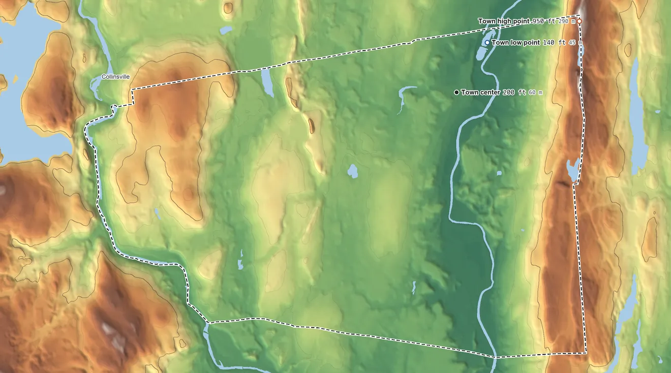Topographic elevation map of Avon, Connecticut, shaded from 140 ft near the middle to 950 ft on Talcott Mountain
