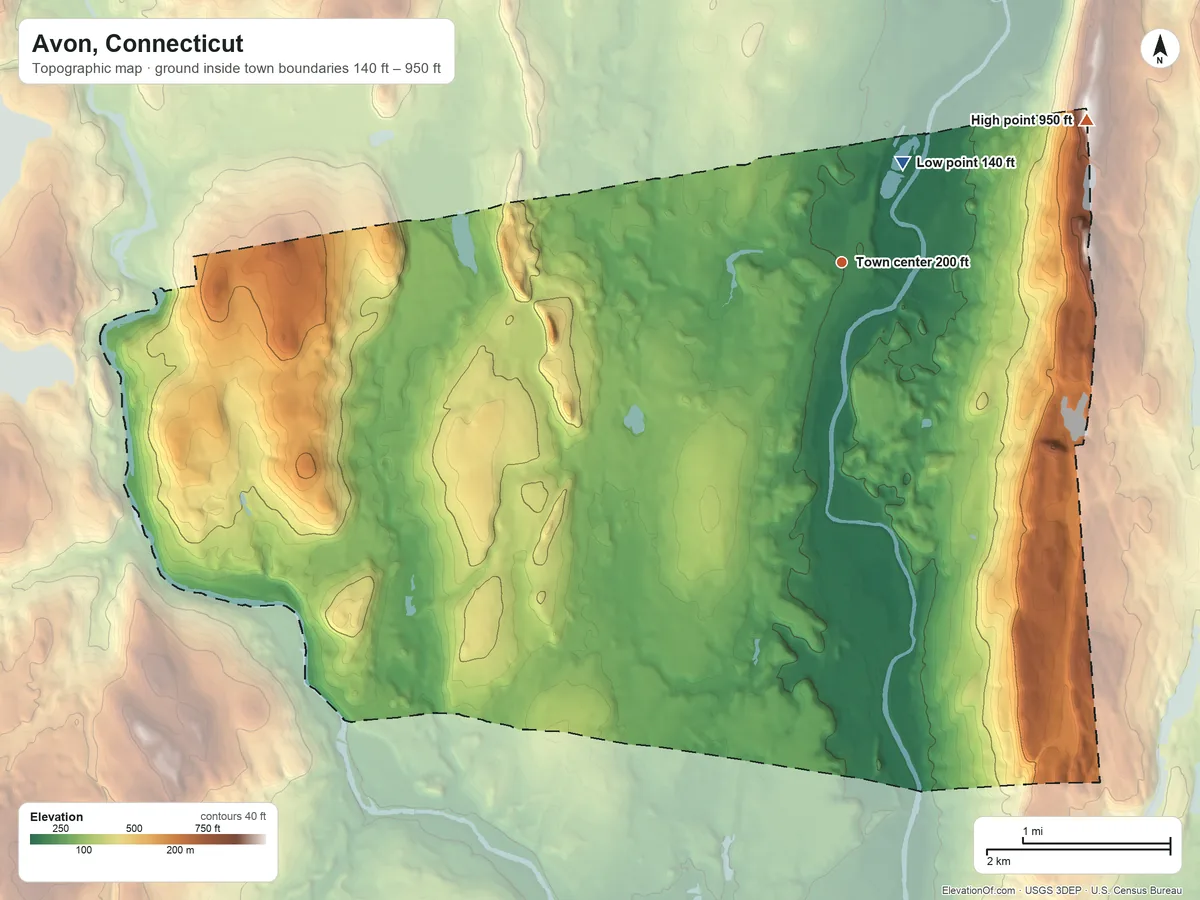 Topographic elevation map of Avon, Connecticut, shaded from 140 ft near the middle to 950 ft on Talcott Mountain