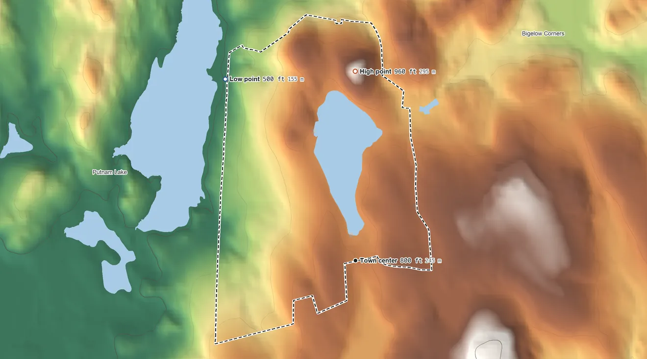 Topographic elevation map of Ball Pond, Connecticut, shaded from 500 ft on the northwest side to 960 ft on the north side
