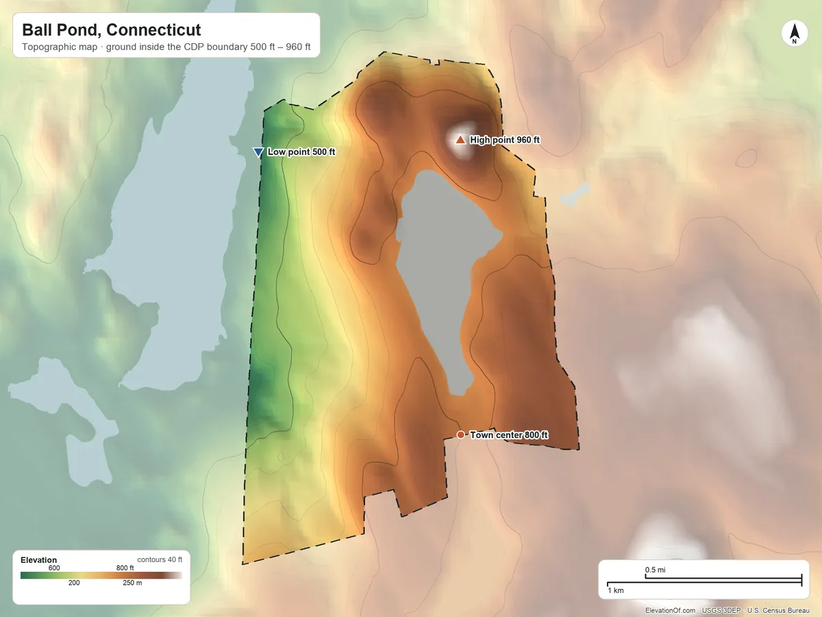 Topographic elevation map of Ball Pond, Connecticut, shaded from 500 ft on the northwest side to 960 ft on the north side