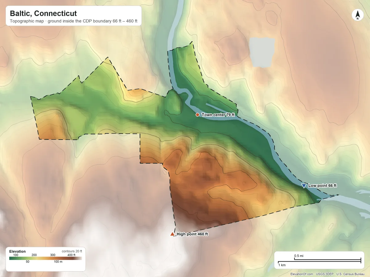 Topographic elevation map of Baltic, Connecticut, shaded from 66 ft on the southeast side to 460 ft on the south side