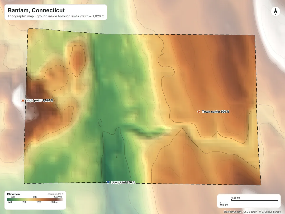 Topographic elevation map of Bantam, Connecticut, shaded from 780 ft on the southwest side to 1,020 ft on the west side