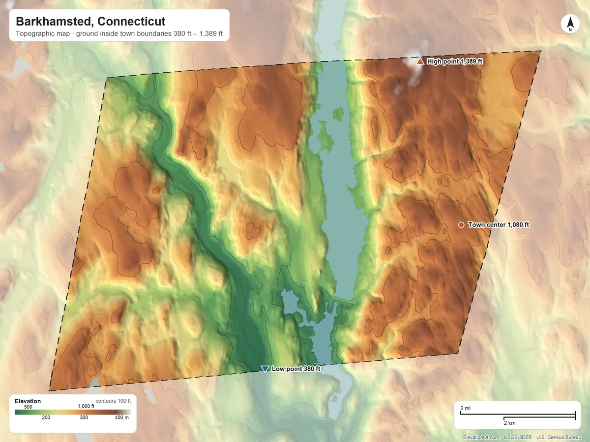 Topographic elevation map of Barkhamsted, Connecticut, shaded from 380 ft on the southwest side to 1,389 ft on Pine Mountain