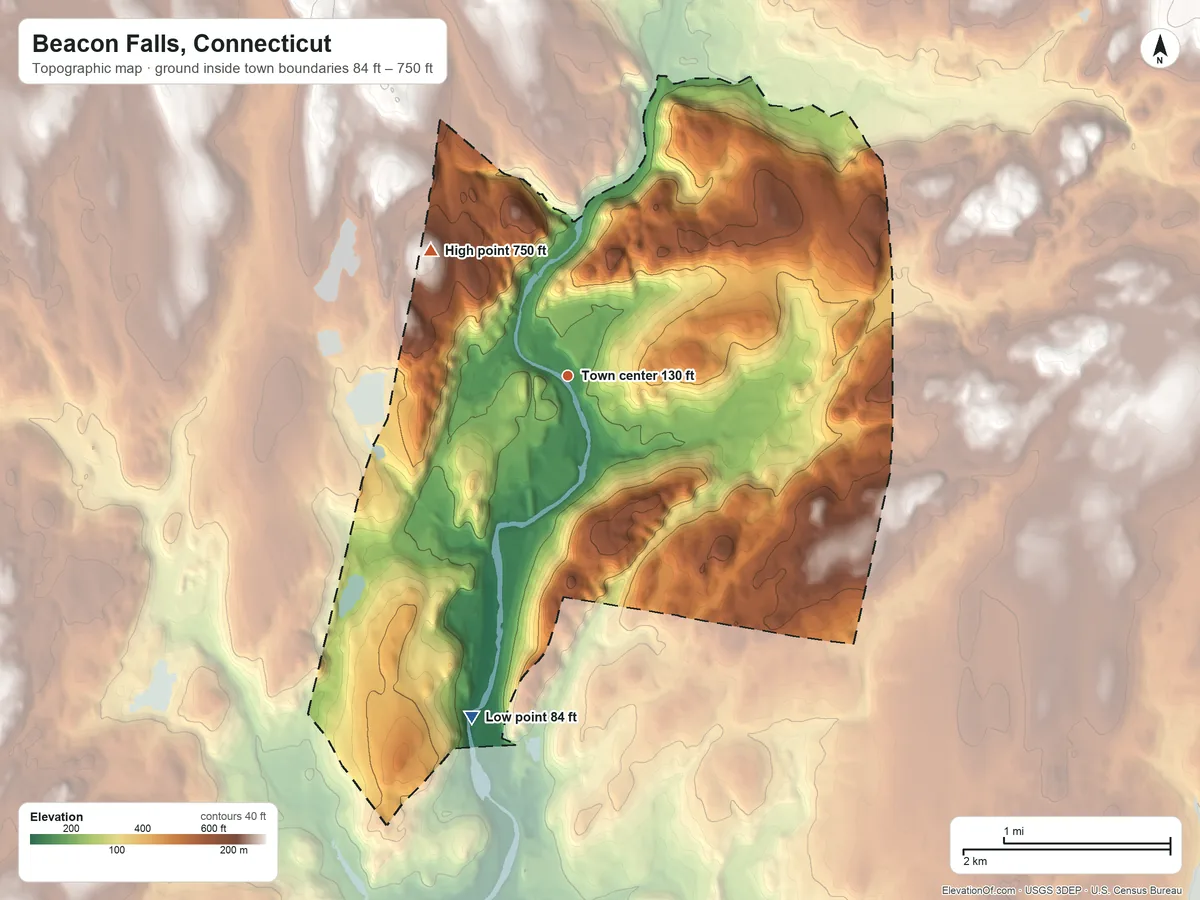 Topographic elevation map of Beacon Falls, Connecticut, shaded from 84 ft on the south side to 750 ft on the northwest side