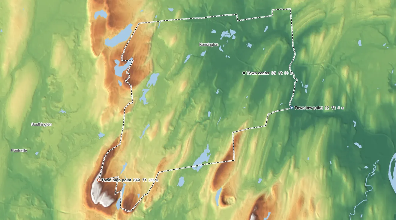 Topographic elevation map of Berlin, Connecticut, shaded from 12 ft on the southeast side to 840 ft on the southwest side