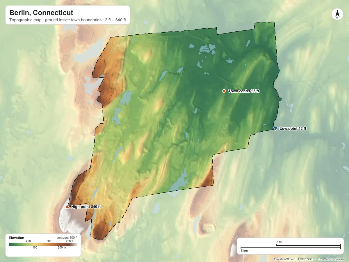 Topographic elevation map of Berlin, Connecticut, shaded from 12 ft on the southeast side to 840 ft on the southwest side