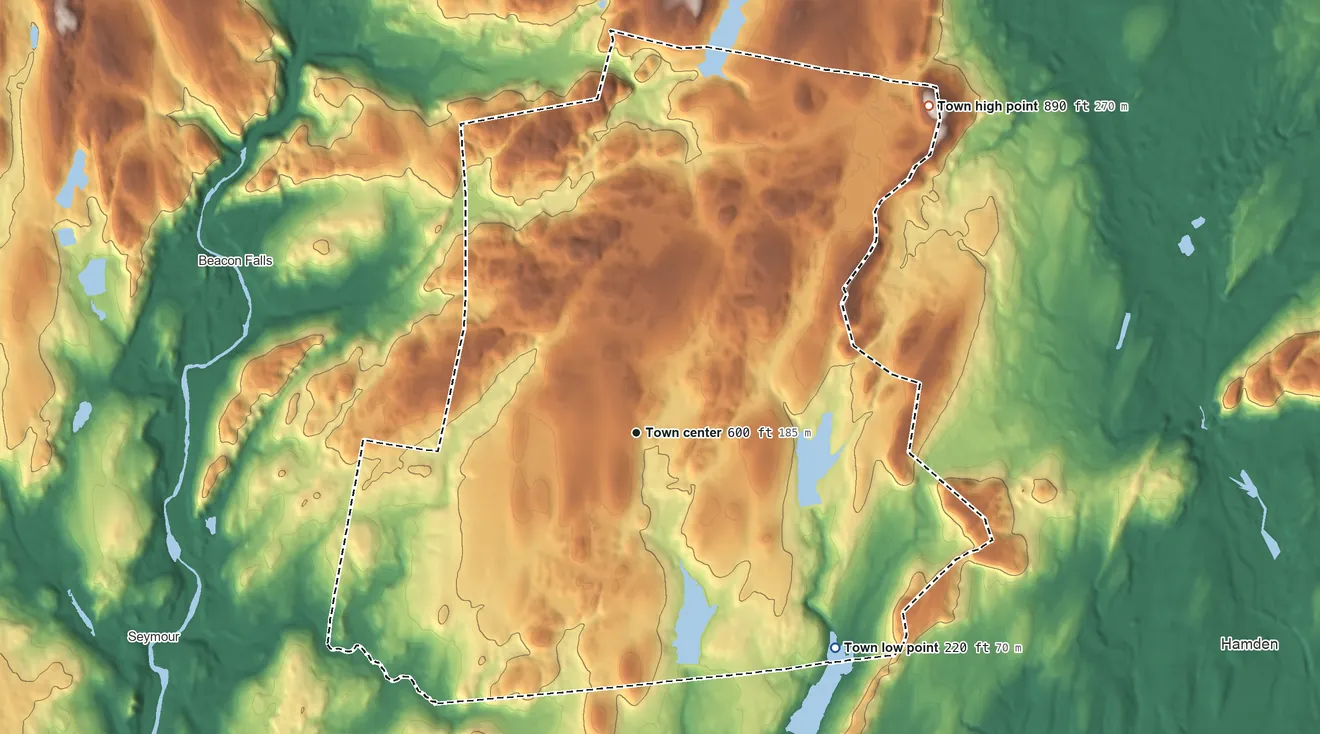 Topographic elevation map of Bethany, Connecticut, shaded from 220 ft on the southeast side to 887 ft on Mount Sanford