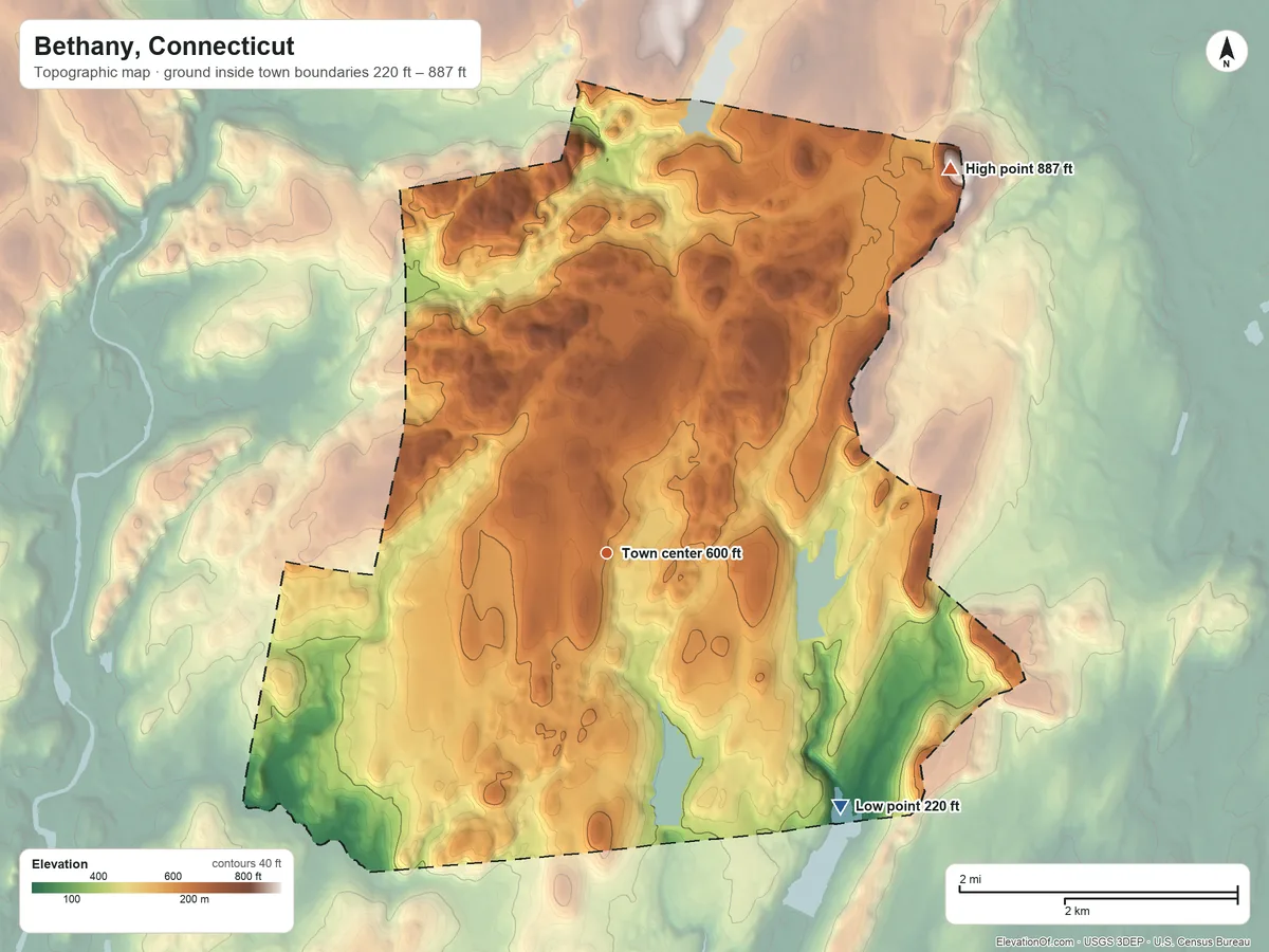 Topographic elevation map of Bethany, Connecticut, shaded from 220 ft on the southeast side to 887 ft on Mount Sanford
