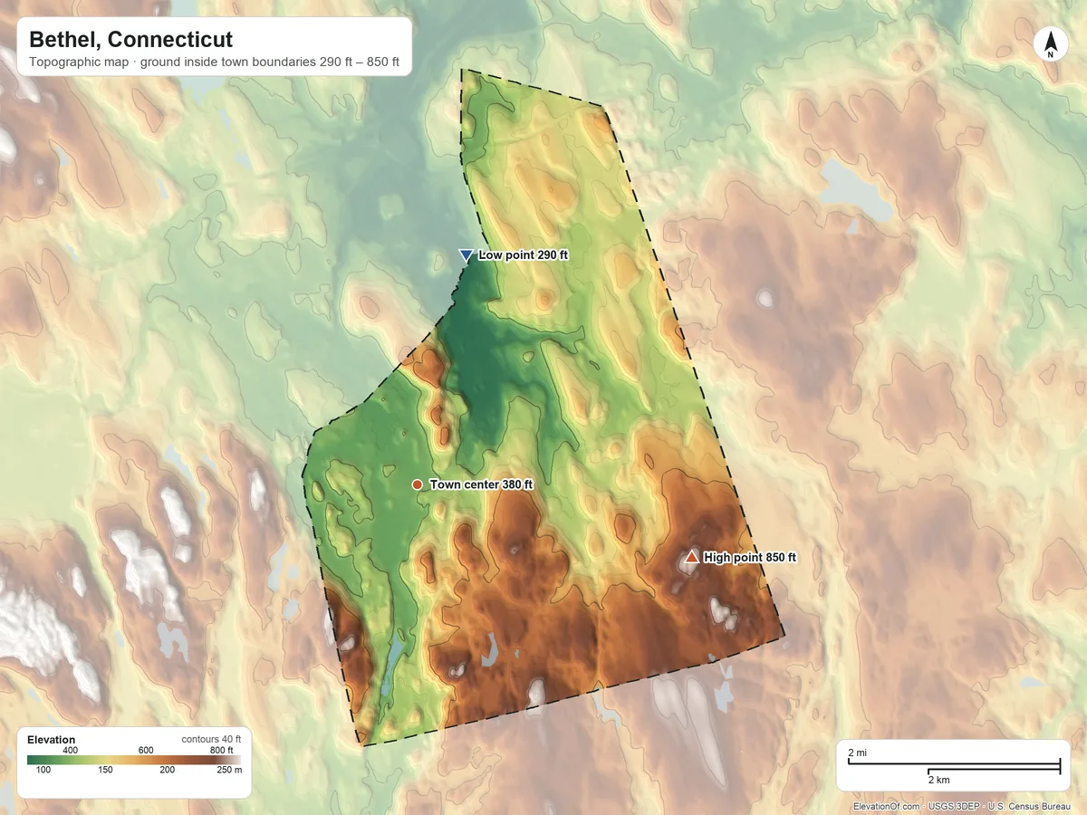 Topographic elevation map of Bethel, Connecticut, shaded from 290 ft on the north side to 850 ft on the east side