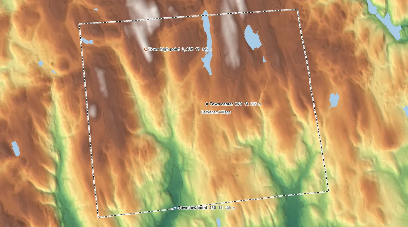 Topographic elevation map of Bethlehem, Connecticut, shaded from 450 ft on the south side to 1,130 ft on Todd Hill