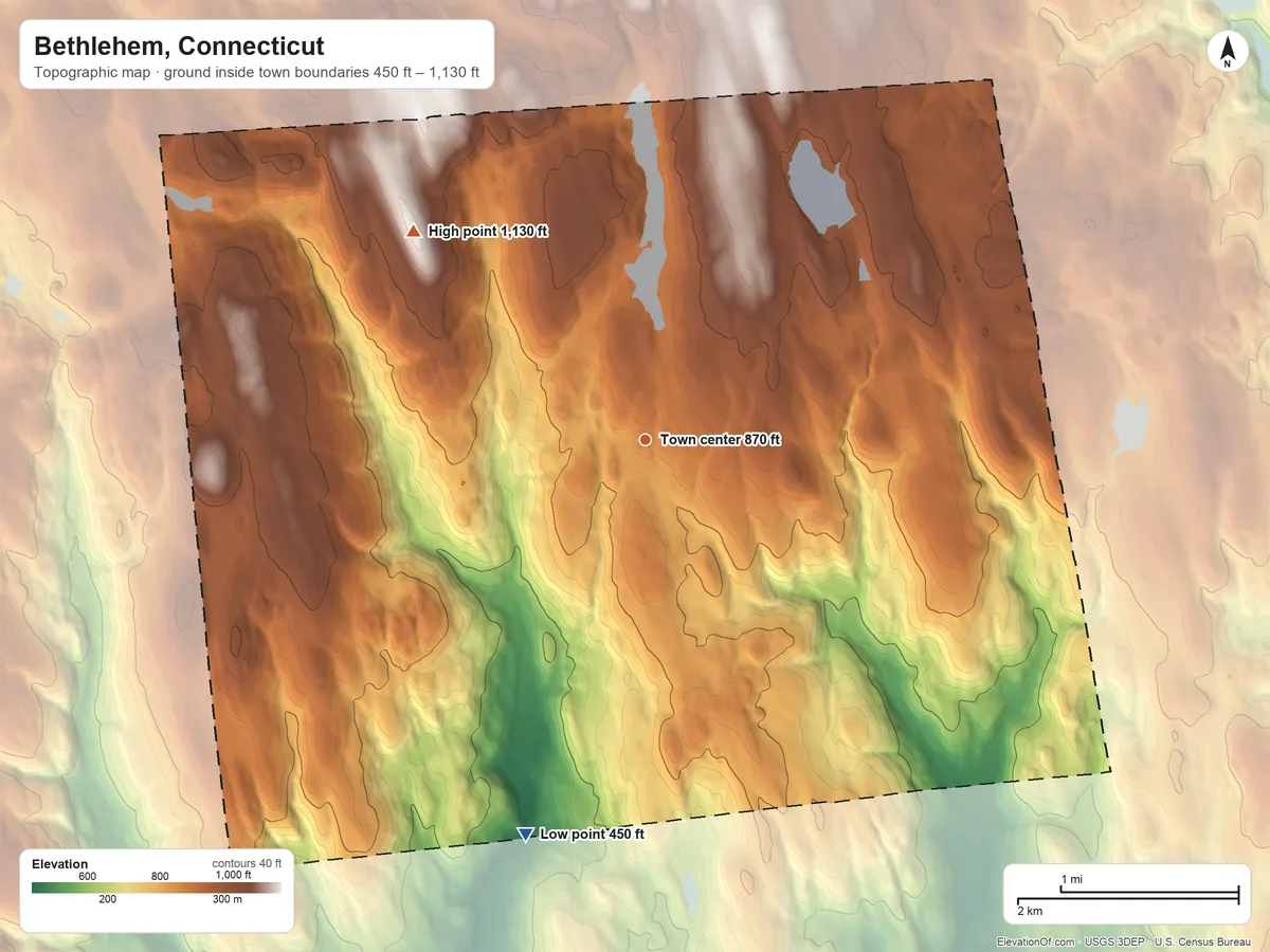 Topographic elevation map of Bethlehem, Connecticut, shaded from 450 ft on the south side to 1,130 ft on Todd Hill