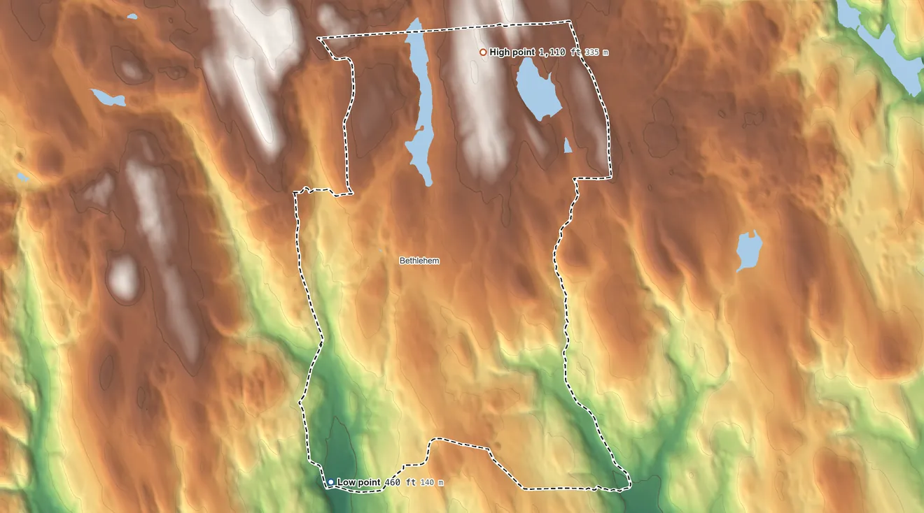 Topographic elevation map of Bethlehem Village, Connecticut, shaded from 460 ft on the southwest side to 1,110 ft on the north side