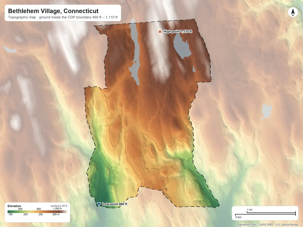 Topographic elevation map of Bethlehem Village, Connecticut, shaded from 460 ft on the southwest side to 1,110 ft on the north side