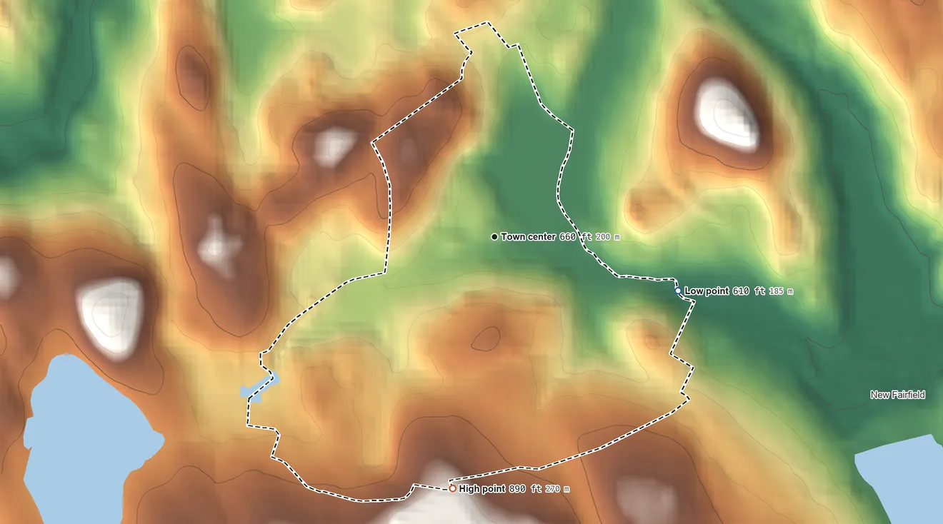 Topographic elevation map of Bigelow Corners, Connecticut, shaded from 610 ft on the east side to 890 ft on the south side