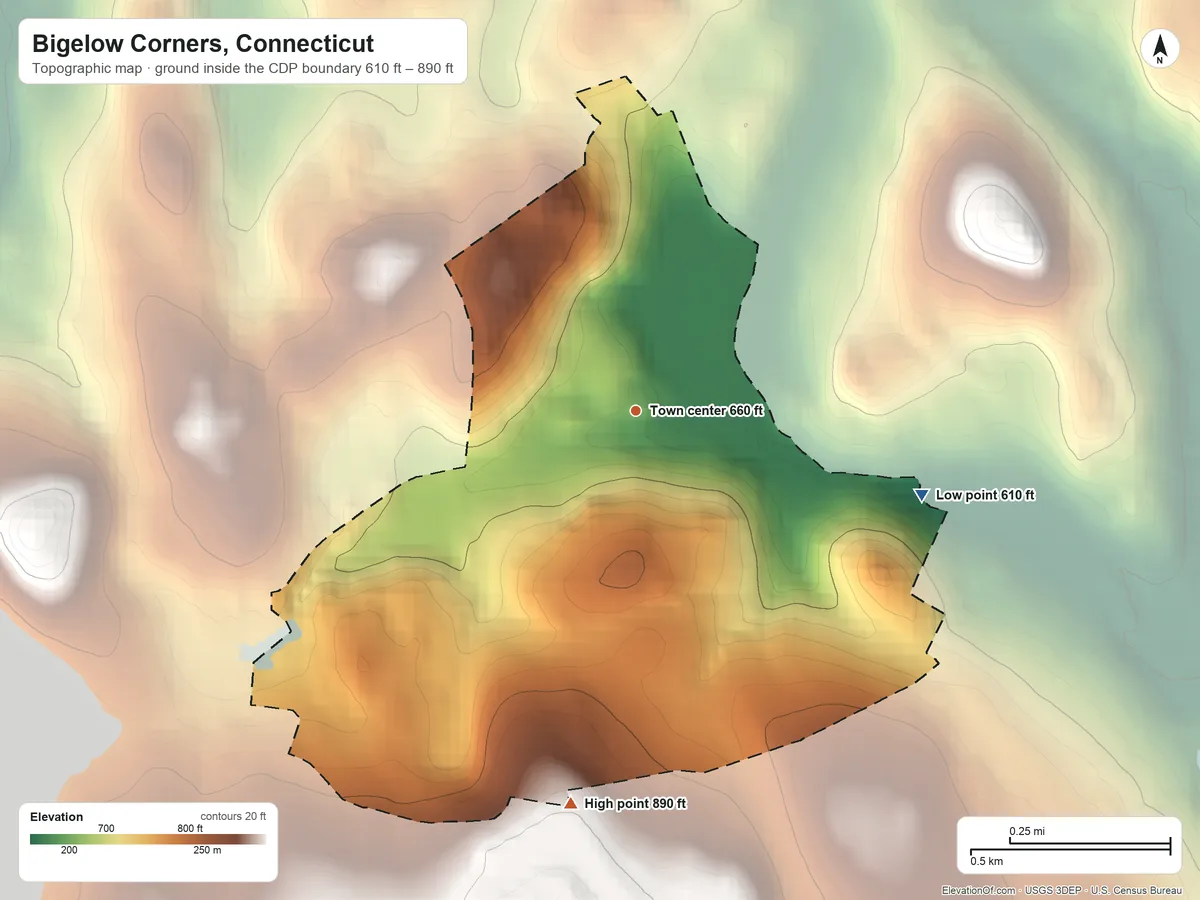 Topographic elevation map of Bigelow Corners, Connecticut, shaded from 610 ft on the east side to 890 ft on the south side