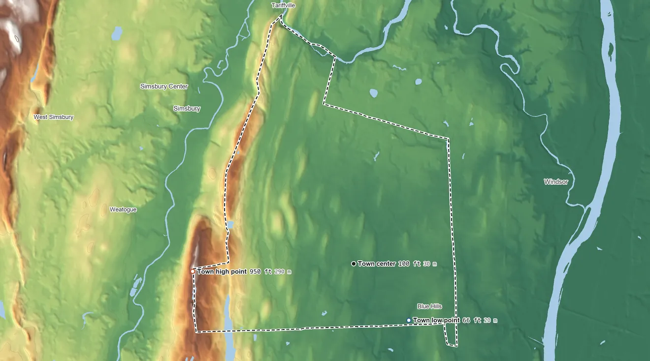 Topographic elevation map of Bloomfield, Connecticut, shaded from 66 ft on the southeast side to 950 ft on Talcott Mountain